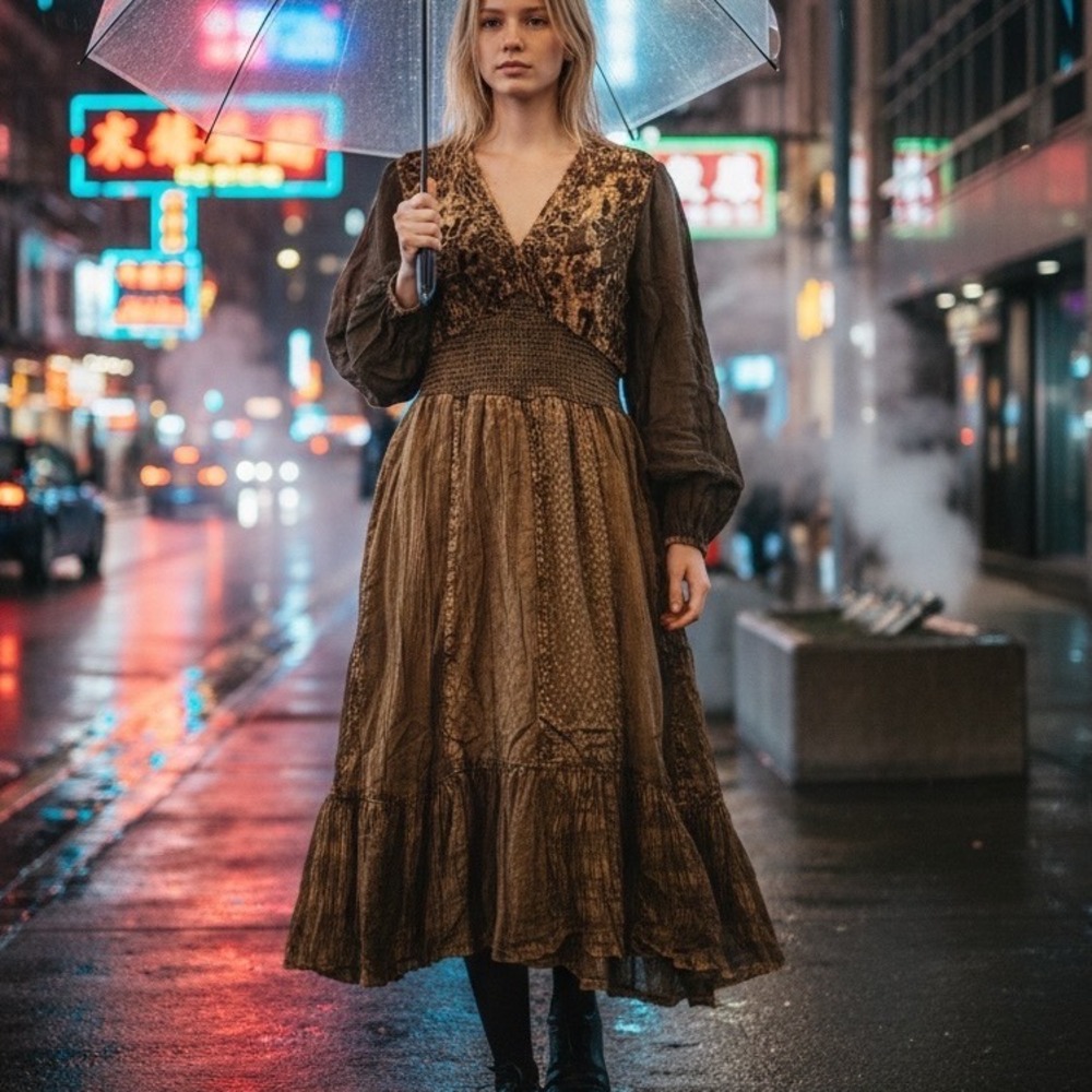 Young Threads Amber Brown Velvet Accent Boho Smocked Midi Dress Med Fairycore
